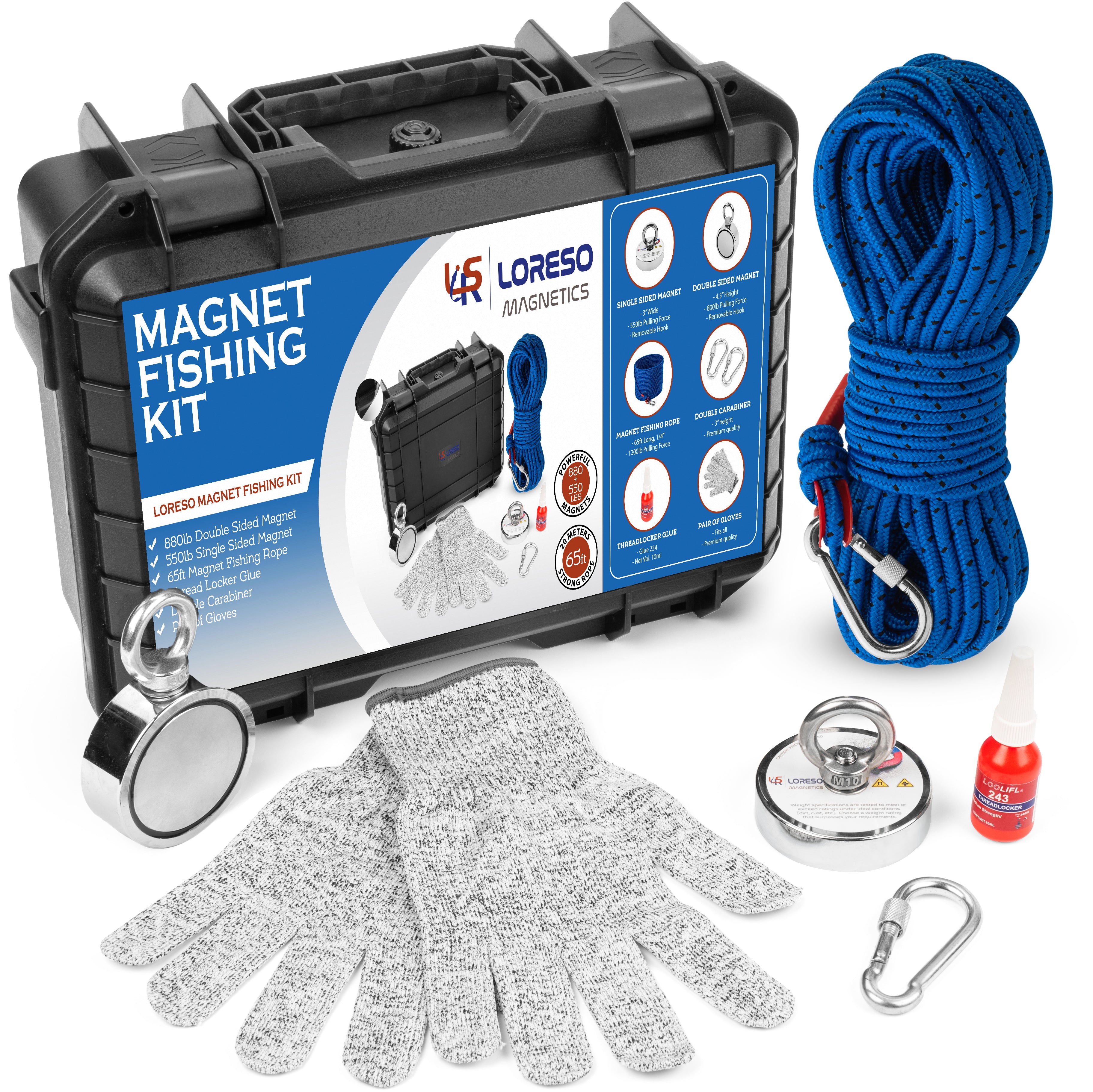 Grappling Hook Kit - Heavy Duty 4 Claw Grappling Hook Stainless Steel + Rope 1/3 inch 1200lb Strength, Large Throwable Grapple Claw, Blue