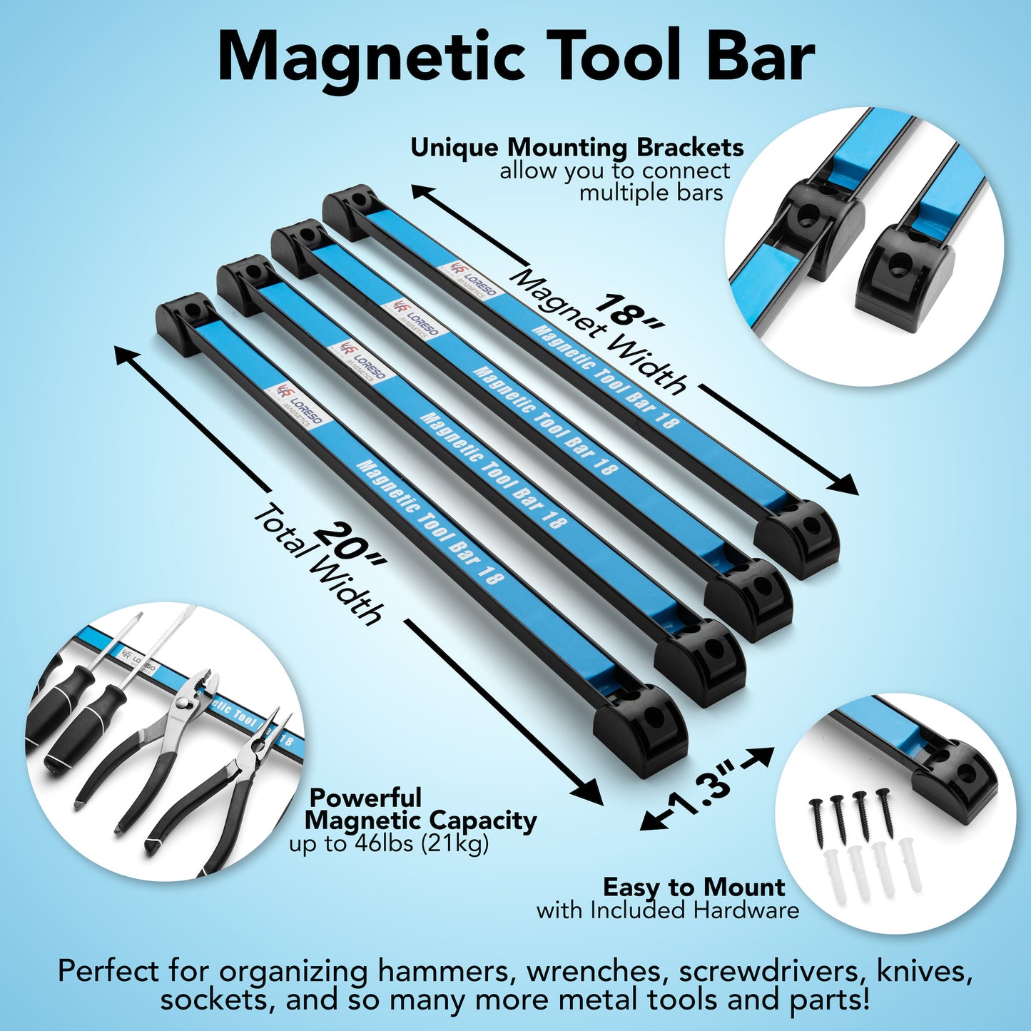 Magnetic Tool Holder 18 Inch, Set Of 4 Magnetic Tool Bars, Heavy-Duty Metal Magnet Strip Tool Organizers Rack for Screwdrivers, Pliers, Wrenches, Knives with Wall Mount Brackets and Screws