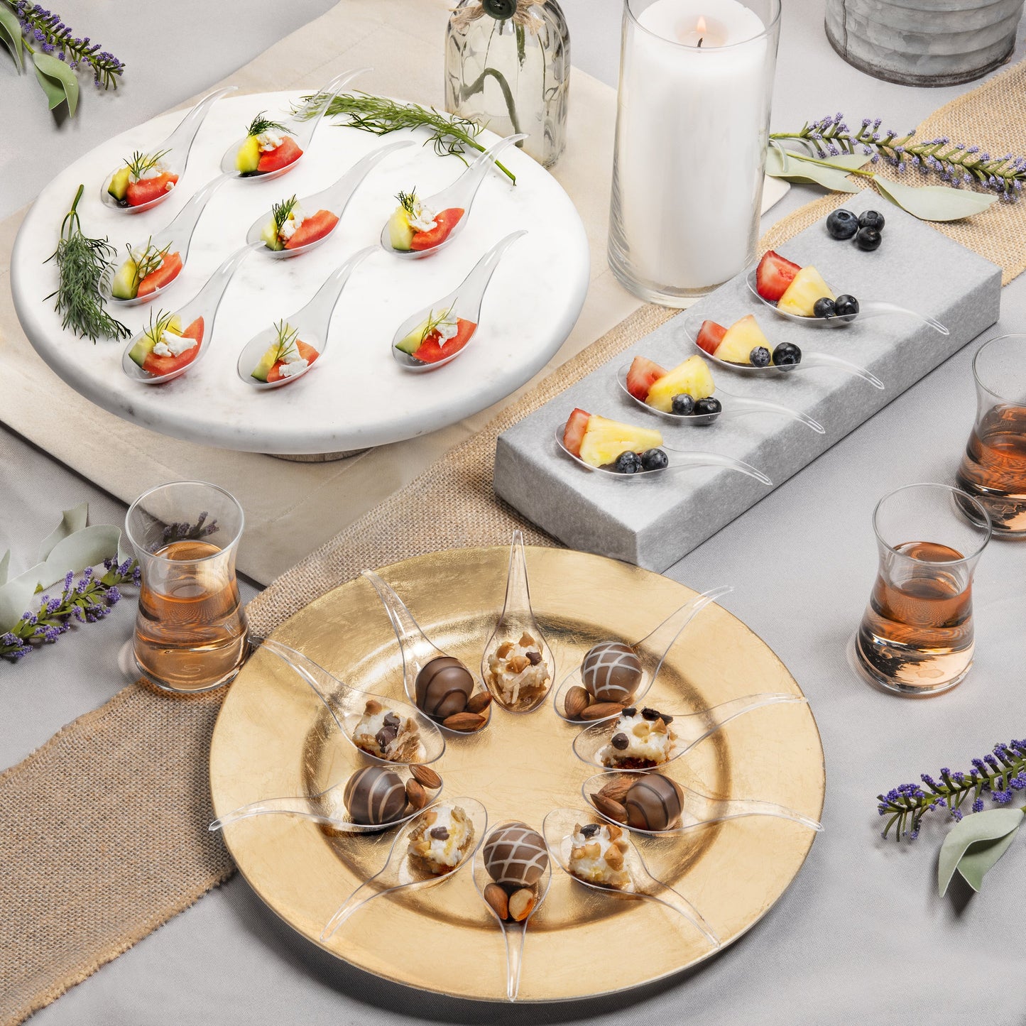 LORESO Decorative Appetizer Wave Spoon for Serving Desserts, Cakes, and Hors d'oeuvres plates - 50 Count Clear Plastic Tasting Spoons for all Occasions - Reusable and Disposable