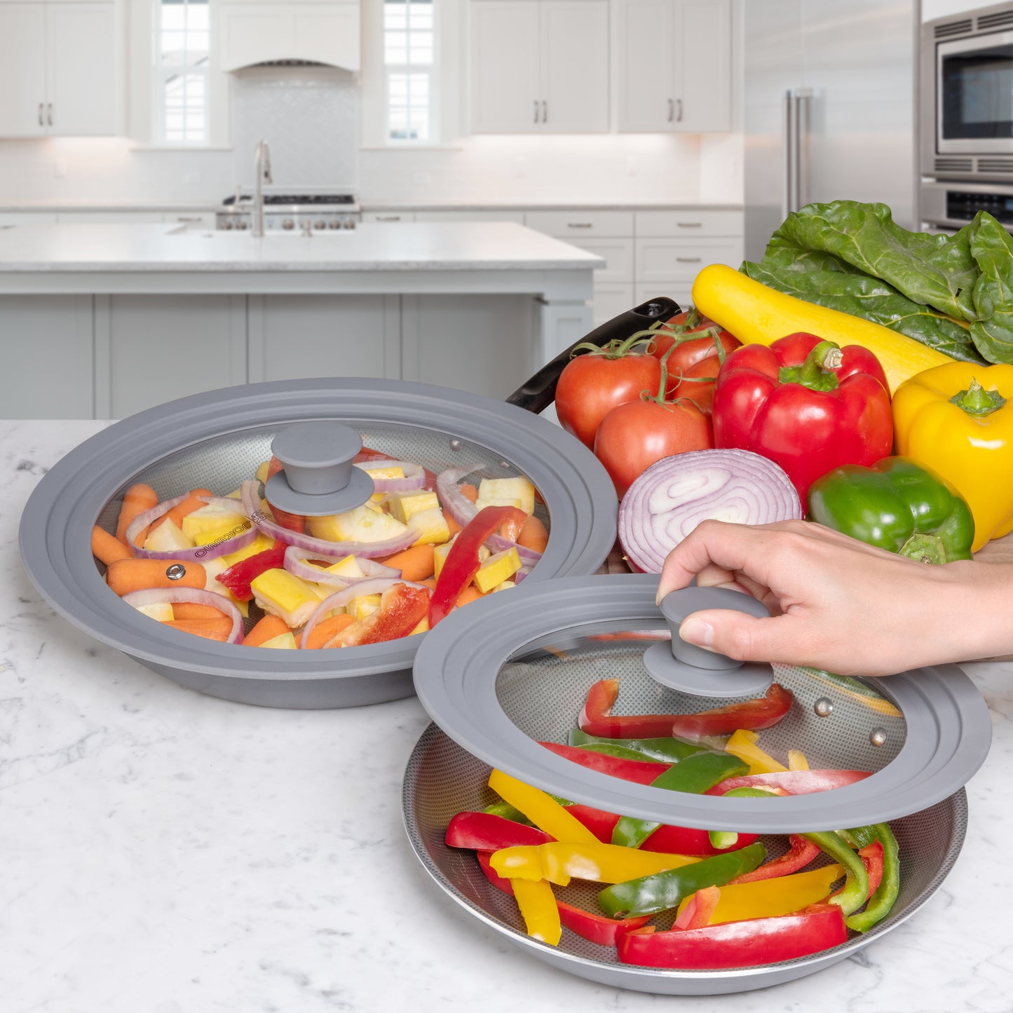 Silicone Glass Lid Grey Pack of Two - Universal Silicone Glass Lid for Pots Pans & Skillet 8 to 11 Inches, Tempered Glass Lid with Steam Vent, Food Safe Silicone, Cool-Touch Handle & Dishwasher Safe