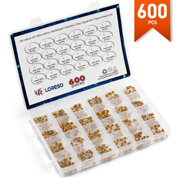 Loreso 24 Value 600-Piece 50V Ceramic Capacitor Assortment Kit Box – Electronics Assortment Kit Includes 10pf to 10uf Ceramic Capacitors for Hobby Electronics, Audio-Video Project Electronic Repair