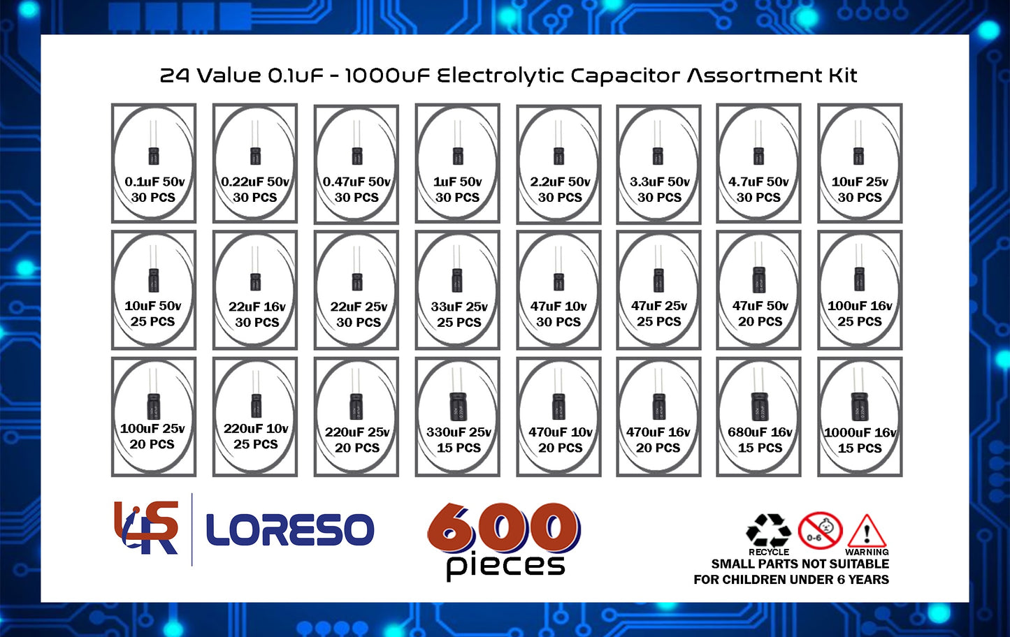 Loreso 24 Value 600pcs Electrolytic Capacitor Assortment Kit Box - Electronics Assortment Kit Electrolytic Capacitors 0.1uf to 1000uf 50V for Hobby Electronics, Audio-Video Project Electronic Repair