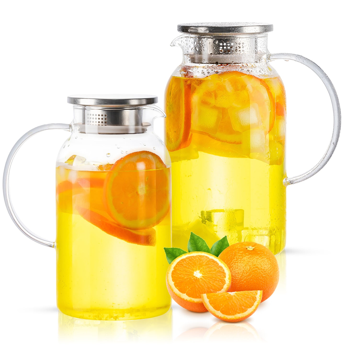 Round Glass Pitcher with Lid & Spout, 2 Pack 1.8L 60 Oz – Water Pitcher with Handle for Fridge, Brosilicate Glass Carafe Hot & Cold Drink, Large Jug for Icead Tea Coffe Juice, Jarra De Vidrio Con Tapa