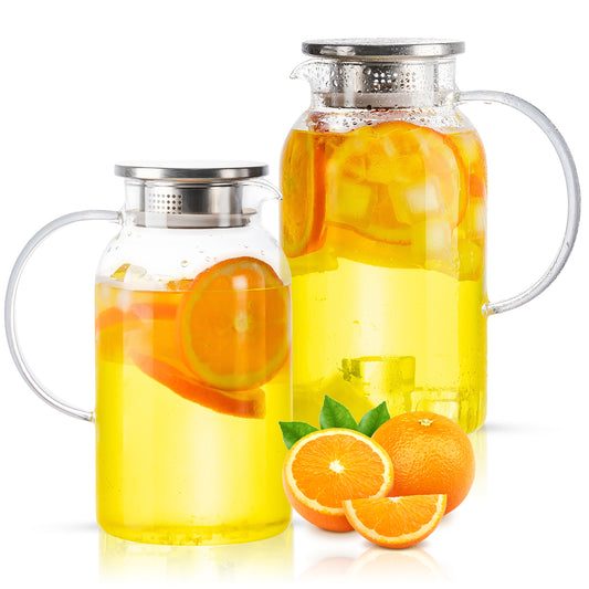 Round Glass Pitcher with Lid & Spout, 2 Pack 1.8L 60 Oz – Water Pitcher with Handle for Fridge, Brosilicate Glass Carafe Hot & Cold Drink, Large Jug for Icead Tea Coffe Juice, Jarra De Vidrio Con Tapa