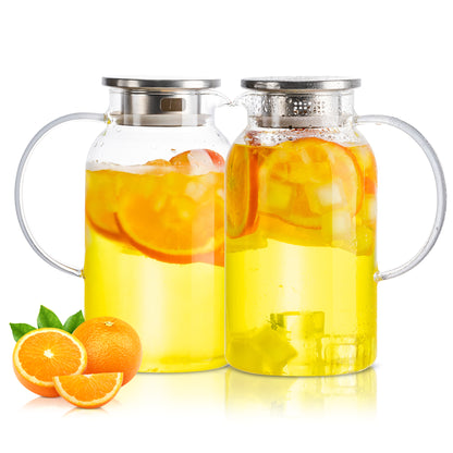 Round Glass Pitcher with Lid & Spout, 2 Pack 1.8L 60 Oz – Water Pitcher with Handle for Fridge, Brosilicate Glass Carafe Hot & Cold Drink, Large Jug for Icead Tea Coffe Juice, Jarra De Vidrio Con Tapa