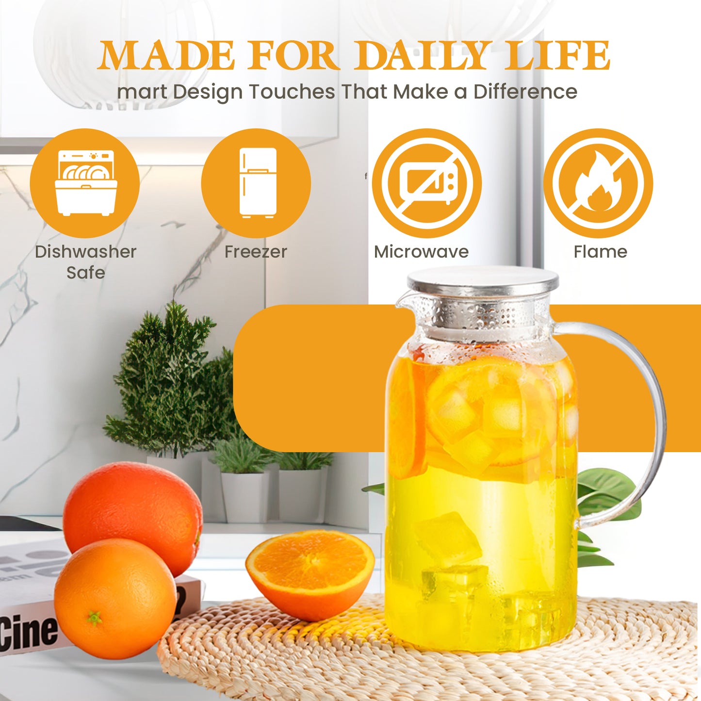 Round Glass Pitcher with Lid & Spout, 2 Pack 1.8L 60 Oz – Water Pitcher with Handle for Fridge, Brosilicate Glass Carafe Hot & Cold Drink, Large Jug for Icead Tea Coffe Juice, Jarra De Vidrio Con Tapa