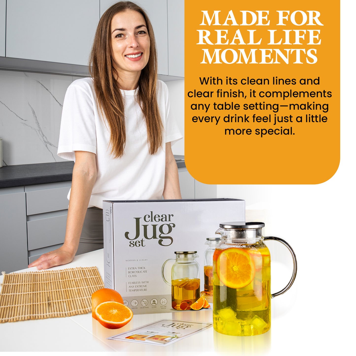 Round Glass Pitcher with Lid & Spout, 2 Pack 1.8L 60 Oz – Water Pitcher with Handle for Fridge, Brosilicate Glass Carafe Hot & Cold Drink, Large Jug for Icead Tea Coffe Juice, Jarra De Vidrio Con Tapa