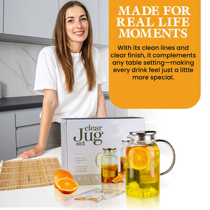 Round Glass Pitcher with Lid & Spout, 2 Pack 1.8L 60 Oz – Water Pitcher with Handle for Fridge, Brosilicate Glass Carafe Hot & Cold Drink, Large Jug for Icead Tea Coffe Juice, Jarra De Vidrio Con Tapa