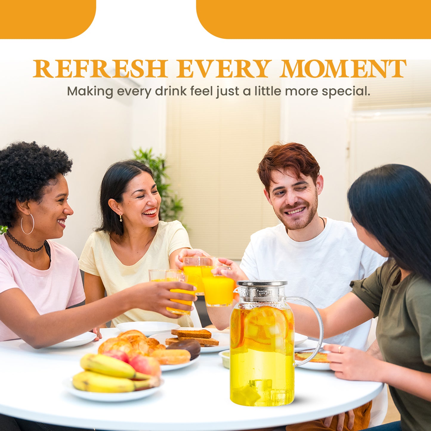 Round Glass Pitcher with Lid & Spout, 2 Pack 1.8L 60 Oz – Water Pitcher with Handle for Fridge, Brosilicate Glass Carafe Hot & Cold Drink, Large Jug for Icead Tea Coffe Juice, Jarra De Vidrio Con Tapa