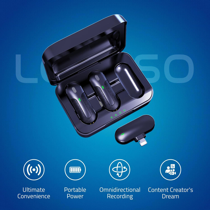 LSR LORESO Wireless Lavalier Microphone Set for iPhone and iPad Vlogging, Podcasting, YouTube and Interview Audio Video Recording with Clip-On Lapel Mics