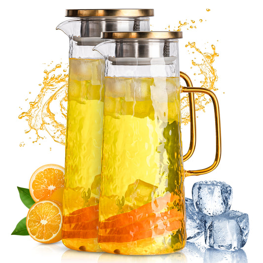 Glass Water Pitcher with Stainless Steel Lid, 2 Pack, 50 oz 1.5L - Borosilicate Glass Jug, Heat Resistant Carafe with Filter, Golden Vintage Design