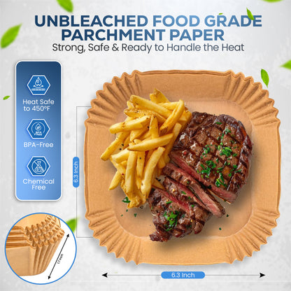 Air Fryer Paper Liner, 100 Count - Parchment Paper Basket Lining for Air Fryer, Non-Stick Cooking Surface, Microwaves and Conventional Oven Safe