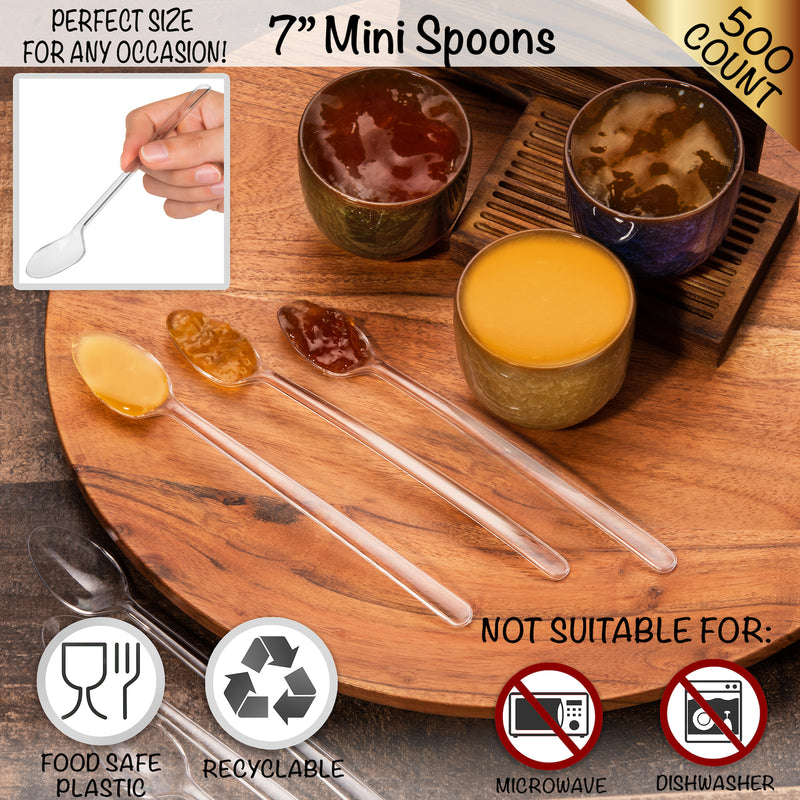 LORESO Disposable Plastic Spoons 50 Piece 7 Inch Clear - Spoons for Smoothie, Ice Cream, Mini Spoons for Tasting, Sampling, Appetizers, Small Catering Supplies