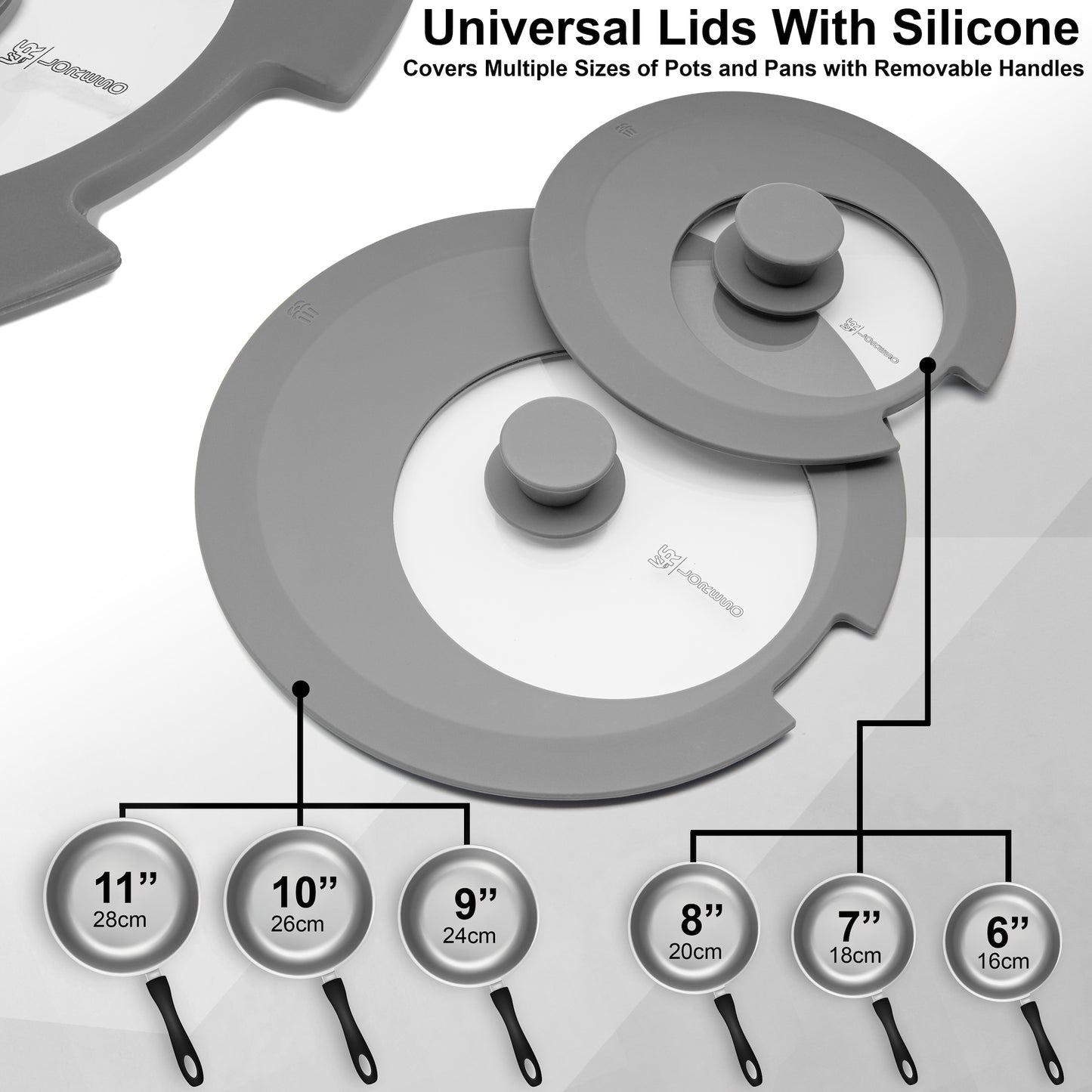 Silicone Glass Lid for Pots & Pans, Grey Pack of Two - Universal Lid for Pots Pans & Skillet 6 to 11 Inches with Removable Side Handle, Tempered Glass Lid with Side Handle Cut, Food Safe Silicone, Cool Touch Handle and Dishwasher Safe