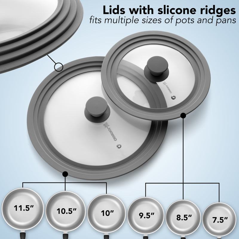 Silicone Glass Lid Grey Pack of Two - Universal Silicone Glass Lid for Pots Pans & Skillet 8 to 11 Inches, Tempered Glass Lid with Steam Vent, Food Safe Silicone, Cool-Touch Handle & Dishwasher Safe
