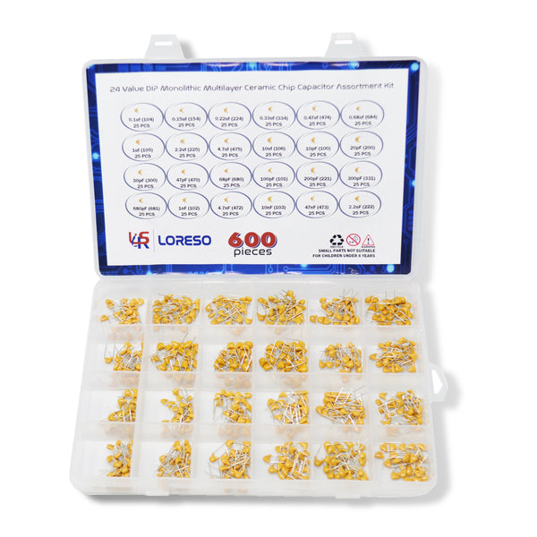 Loreso 24 Value 600-Piece 50V Ceramic Capacitor Assortment Kit Box – Electronics Assortment Kit Includes 10pf to 10uf Ceramic Capacitors for Hobby Electronics, Audio-Video Project Electronic Repair