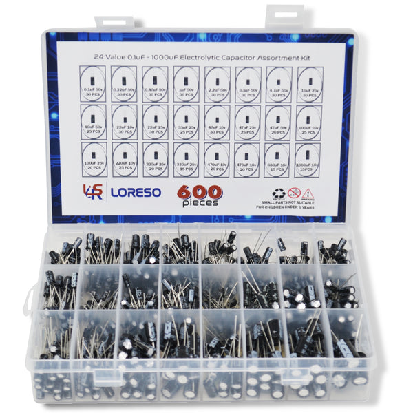 Loreso 24 Value 600pcs Electrolytic Capacitor Assortment Kit Box - Electronics Assortment Kit Electrolytic Capacitors 0.1uf to 1000uf 50V for Hobby Electronics, Audio-Video Project Electronic Repair