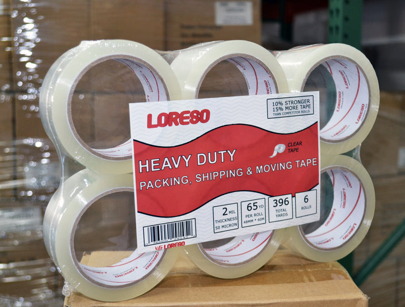 Loreso Extra Strong Thick Clear Packing Tape Refill Rolls - Heavy Duty Adhesive Depot Tape for Moving, Packaging, Shipping, & Industrial Storage 6 Rolls (2 Inch 65 Yards )