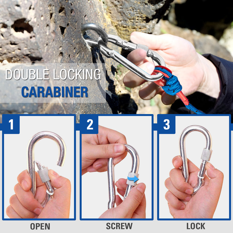 LORESO Grappling Hook Kit - Heavy Duty 4 Claw Grappling Hook Stainless Steel + Rope 1/3 Inch 1200LB Strength + Locking Carabiner for Climbing Hiking & Camping, Large Throwable Grapple Claw