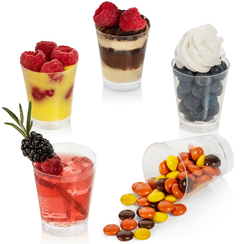 Dessert Cups with Spoons - Round Clear Plastic Disposable Shooter Cups for Serving Desserts, Fruits & Appetizers - Elegant Mini Circular Cups for Parties, Weddings, Sampling - Reusable