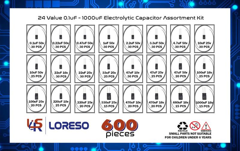 Loreso 24 Value 600pcs Electrolytic Capacitor Assortment Kit Box - Electronics Assortment Kit Electrolytic Capacitors 0.1uf to 1000uf 50V for Hobby Electronics, Audio-Video Project Electronic Repair